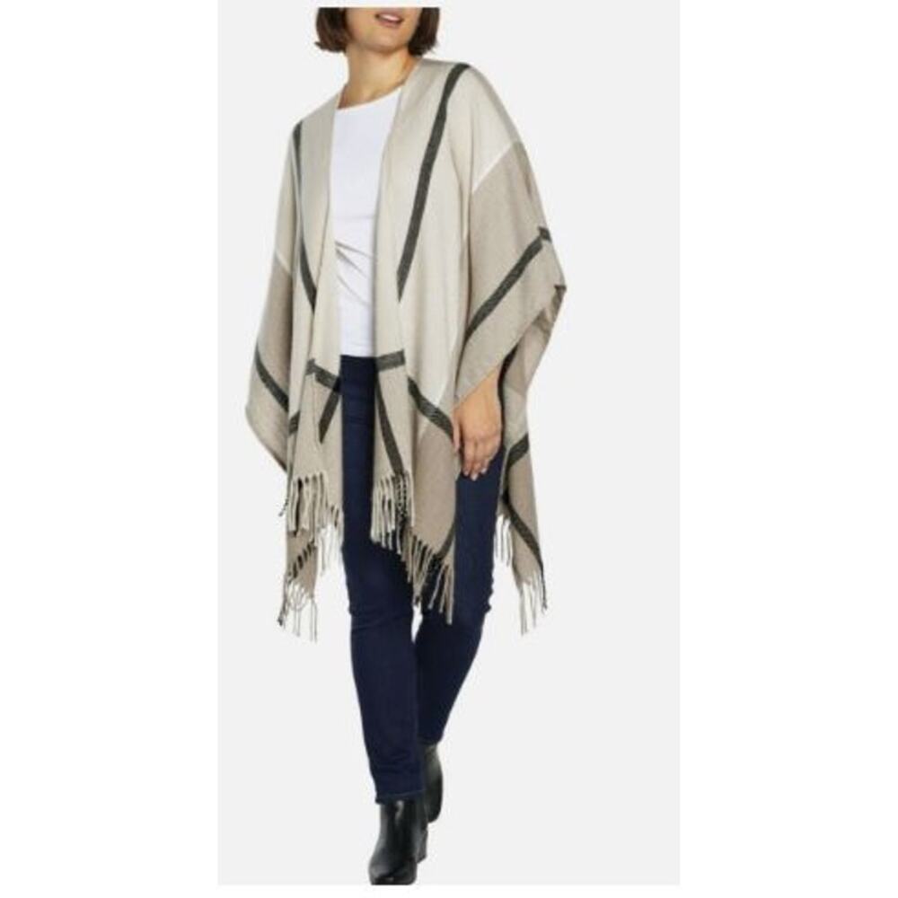 Three Dots One Size Miranda Plaid Wrap Fringe Cream Cashmere Wool Blend